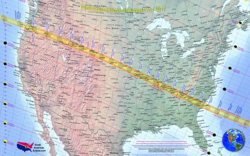 Mapa del paso del eclipse solar de Estados Unidos en 2017