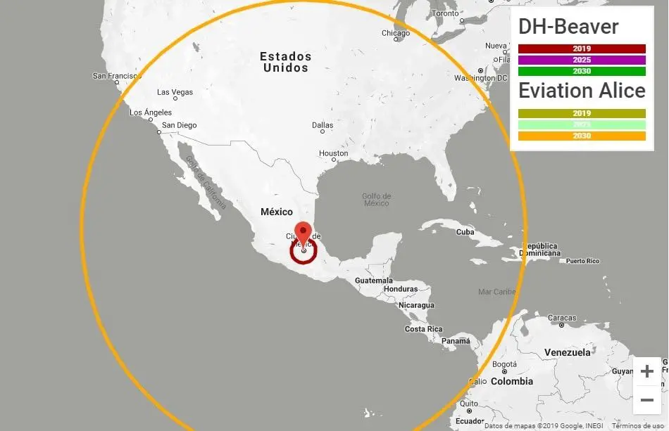 Distancia que puede cubrir un avión de Harbour Air desde Ciudad de México en 2019, y a donde llegará un Eviation Alice en 2030
