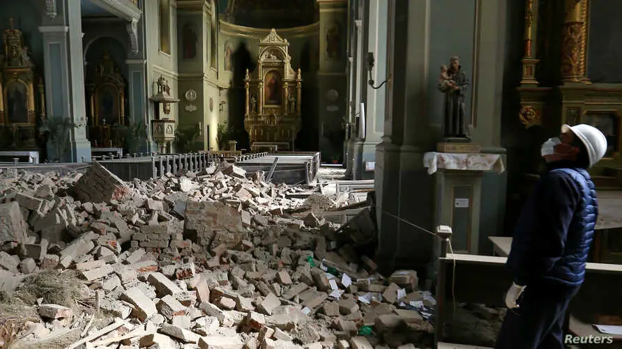 Techo colapsado en la Basílica del Corazón de Jesús en Zagreb, Croacia