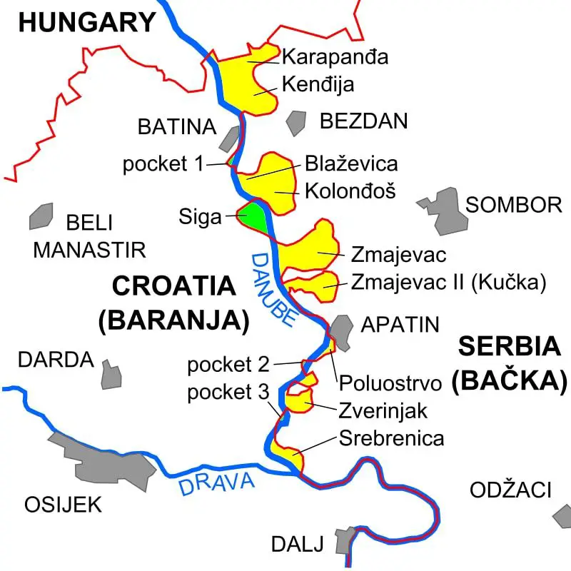 En amarillo, las áreas en disputa entre Serbia y Croacia, en verde, el espacio que reclama Liberland