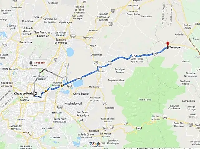Mapa de carretera para ir de la CDMX a Tecoaque