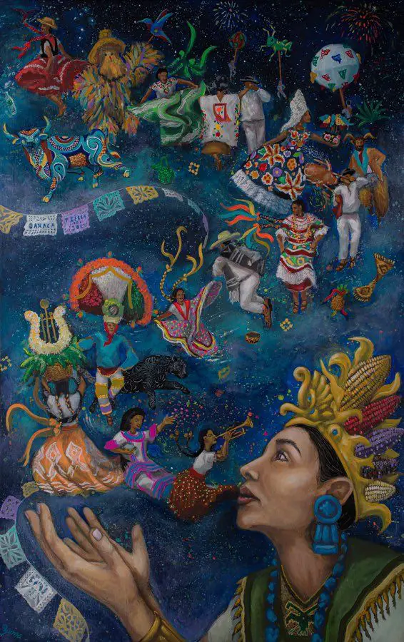 El cartel oficial de la Guelaguetza 2023, diseñado por la artista artista Malinali Yuma García Díaz